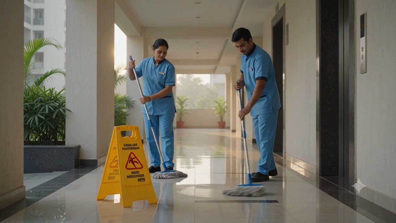 Housekeeping staff mopping an apartment lobby at dawn