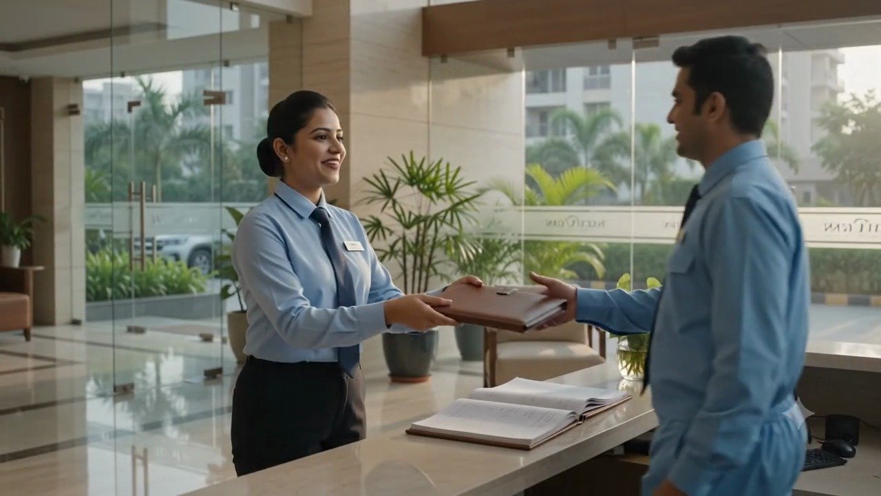 Receptionist handing over a register at a community clubhouse front desk