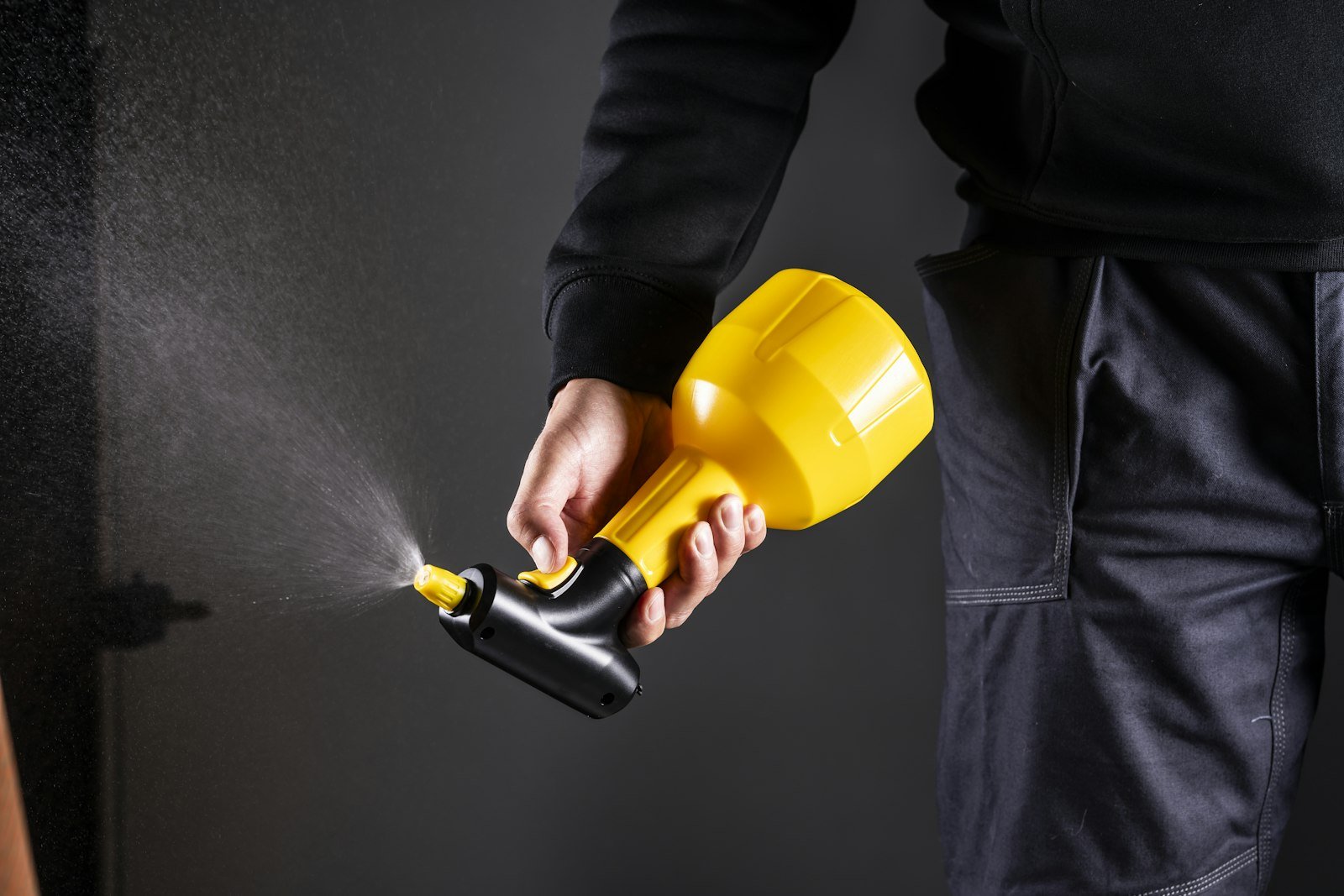 Technician spraying a skirting line with a hand sprayer