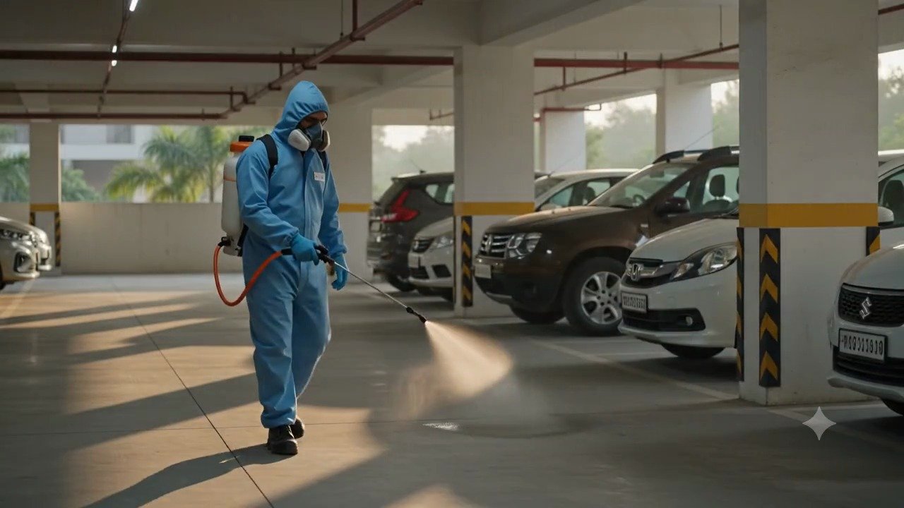 Pest control technician in protective suit treating basement parking