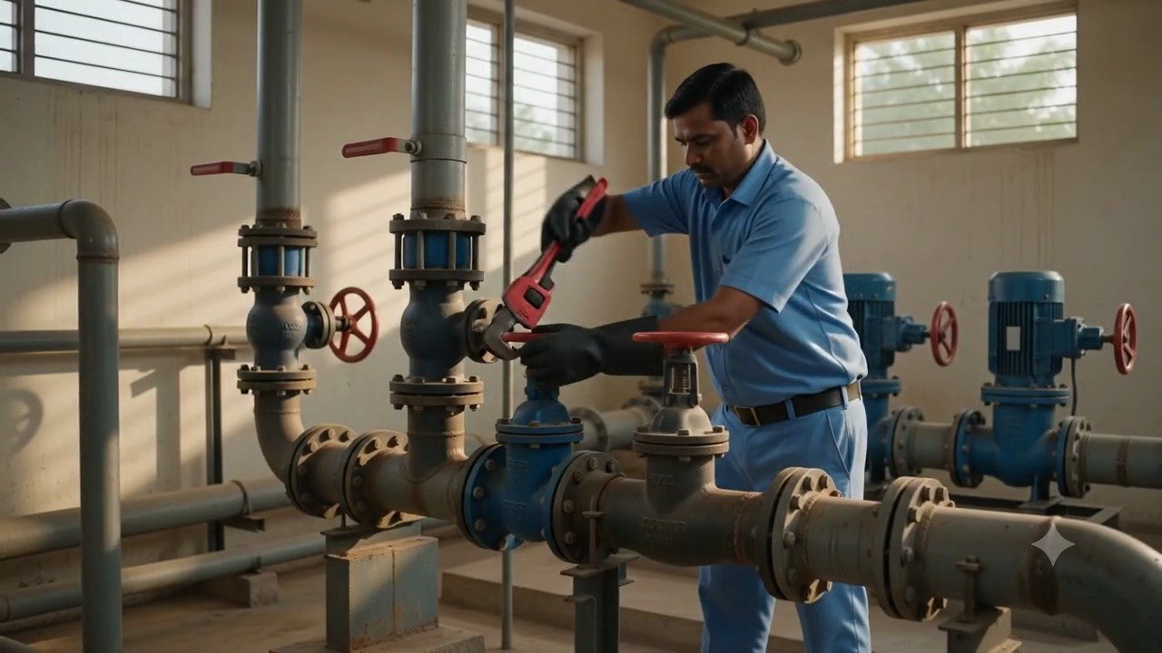 Plumber tightening a valve with a pipe wrench