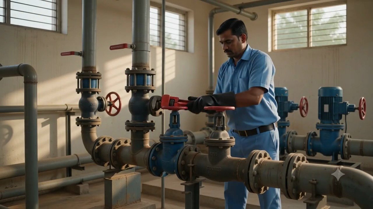Plumber inspecting valves in a community pump room
