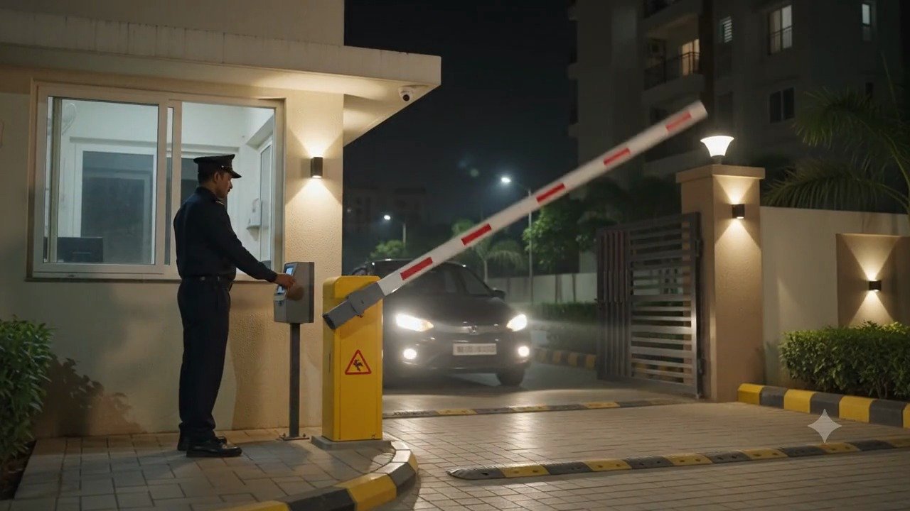Security guard raising the boom barrier at the community gate at night