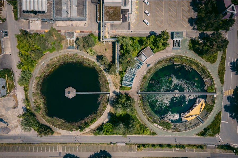 Aerial view of sewage treatment plant tanks